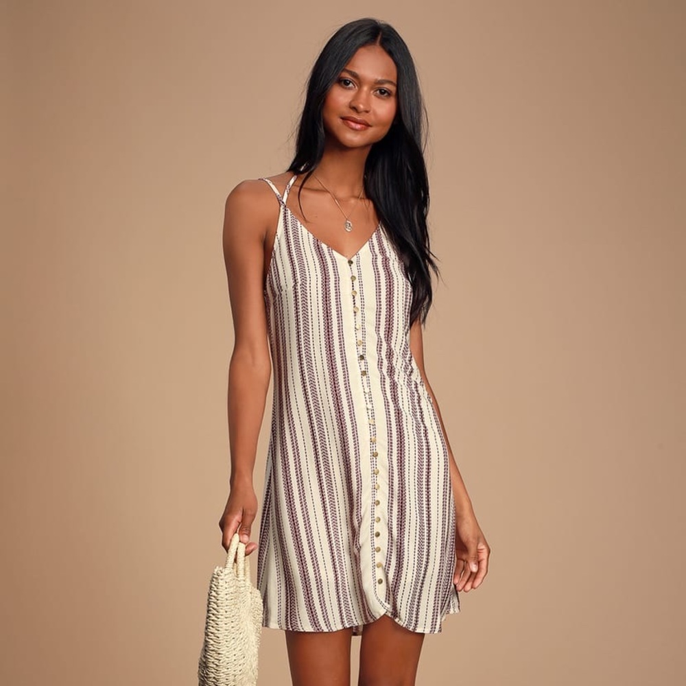 Lulu’s Plum and Cream Striped Shift Dress Size S